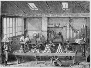Werkstatt zum Befüllen und Löten von Dosen - in „Die Wunder der Industrie“ von Louis Figuier