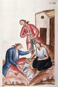 Junge Indianer spielen das Muschelspiel, aus dem Buch "Trujillo del Peru" oder "Códice Martínez Compañón", von Baltazar Martinez Compañón y Bujanda, Bischof von Trujillo (1782-1785)
