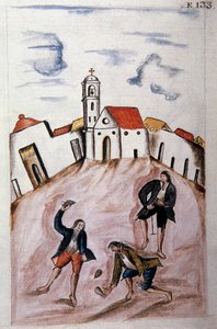Junge Indianer spielen mit einem Kreisel, aus dem Buch „Trujillo del Peru“ oder „Códice Martínez Compañón“, von Baltazar Martínez Compañón y Bujanda, Bischof von Trujillo (1782-1785)