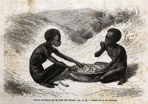 Junge Bettler des Kychi-Stammes (im Gebiet des Oberen Nils) nehmen eine Mahlzeit im Austausch für ein paar Bündel. Gravur zur Illustration der Reise zum Albertsee von Unknown artist