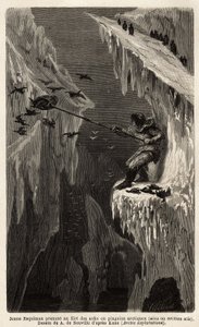 Junger Eskimo, der arktische Pinguine fängt. Illustration der Reise zum freien Meer des Arktischen Pols, von Dr. Hayes, Chirurg der US-Marine, 1860-1862, veröffentlicht in "Le tour du monde, nouveau journal des voyages"