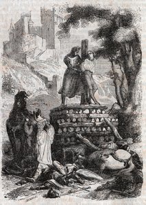 Zerbin auf dem Scheiterhaufen, befreit von Roland (Gravur von 1851 aus „Furioser Roland“)