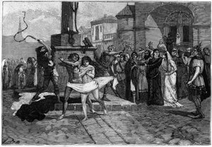 Ein Mann und eine Frau, Ehebrecher, werden auf dem Dorfplatz in Frankreich im Mittelalter ausgepeitscht. Gravur des 19. Jahrhunderts, die die Sitten der Franzosen illustriert