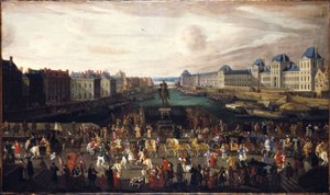 Der Pont-Neuf, gesehen vom Eingang des Place Dauphine, der Quai Malaquais mit dem im Bau befindlichen Collège des Quatre-Nations, die Grande Galerie und der Louvre, um 1665. Passage eines Zuges auf der Brücke, zwischen 1665 und 1669