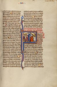 Initiale F: Drei Männer und ein Kind vor einem Richter und Drei Männer und ein Kind vor einem Altar