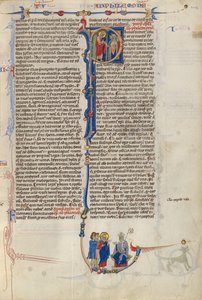 Initiale P: Der heilige Paulus übergibt einem Bischof eine Schriftrolle