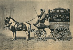 Lieferpferdewagen des Geschäfts „Au Bon Marché“ in Paris, Rue du Bac und Rue de Sèvres. Fotografie, späte 19. Jahrhundert, Paris. Sammlung Selva. von Unknown photographer