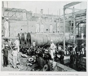 Installation von Dampfkesseln der Baumwollspinnerei Haiphong am 25.09.1899 - in „Le Tonkin en 1900“ von Robert Dubois von Unknown photographer