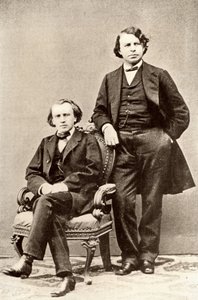 Johannes Brahms (1833-1897) deutscher Komponist, sitzend, mit Joseph Joachim (1831-1907) ungarischer Geiger und Komponist, und Direktor des Berliner Konservatoriums. Halbton von einem Foto