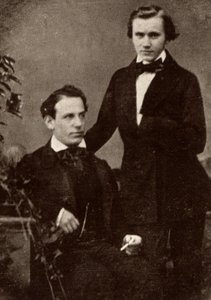 Johannes Brahms (1833-1897) deutscher Komponist, stehend, mit dem ungarischen Geiger Eduard Remenyi (1828-1898), mit dem er auf Tournee ging (Halbton von einem Foto) von Unknown photographer