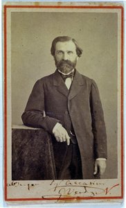 Porträt des Komponisten Giuseppe Verdi (1813 - 1901). 1840er Jahre. Fotografie mit Autogramm