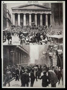Oben: Schwarze Tage an der Wall Street; Unten: die Börse in London zur Zeit des Crashs 1929, aus 