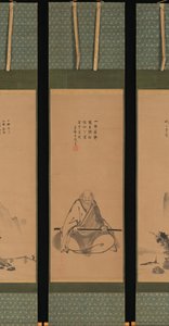 Zen-Meister mit Meditationsstab und Landschaften im chinesischen Stil, wahrscheinlich späte 1620er-1644 von Unkoku Toeki