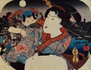 Eine Frau trägt ein Kind auf ihrem Rücken von Utagawa Kunisada