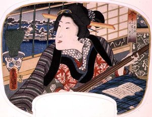 Winter, Shinobazu-Teich; Eine Geisha übt eine Ballade, Entwurf für einen Fächer aus einem Satz von vier, die die Jahreszeiten darstellen von Utagawa Kunisada