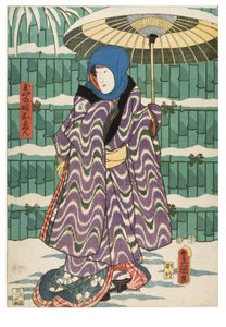 Junge Ehefrau Oen aus dem Tamaya. Kabuki-Schauspieler als verhüllte Frau in Schneeszene