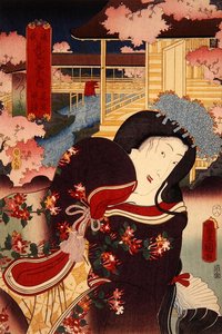 Hana-no-en bansho Katsuragi Genji mitate hakkei no uchi (Blumenbankett, Abendglocke: Katsuragi), ca. 1808-58