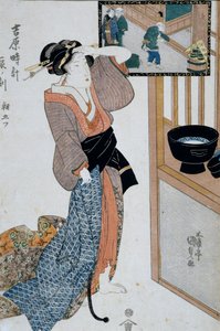 Stunde des Tigers, siebte Stunde des Morgens, ca. 1818, Ukiyo-e Kunstdruck von Utagawa Kunisada aus Die zwölf Stunden in Yoshiwara, Oban-tate-e Holzschnitt, japanische Zivilisation von Utagawa Kunisada