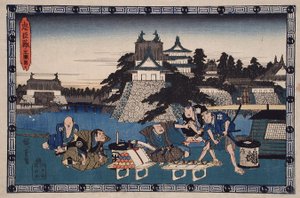 Akt III: Bannai, Gefolgsmann von Moronao, mit Liste der Geschenke zur Besänftigung von Moronao, beobachtet von Honzō links von Utagawa Hiroshige