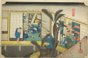 Akasaka: Kellnerinnen in einem Gasthaus, aus der Serie "Dreiundfünfzig Stationen des Tokaido" von Utagawa Hiroshige