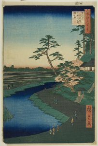 Bashos Hütte auf dem Kamelienhügel neben dem Aquädukt in Sekiguchi, aus der Serie "Hundert berühmte Ansichten von Edo (Meisho Edo hyakkei)"