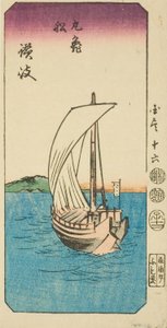 Boot aus Marugame in der Provinz Sanuki (Sanuki, Marugame fune), Abschnitt von Blatt Nr. 16 aus der Serie "Ausschnitte der Provinzen (Kunizukushi harimaze zue)" von Utagawa Hiroshige