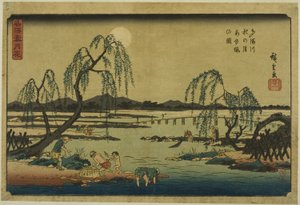Fangen von Süßwasserfischen im Tama-Fluss unter dem Herbstmond (Tamagawa aki no tsuki ayuryo no zu), aus der Serie "Schnee, Mond und Blumen an berühmten Orten (Meisho setsugekka)" von Utagawa Hiroshige