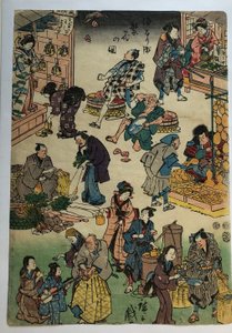 Charaktere aus Stücken als Händler und Kunden, aus der Serie Der wohlhabende Jōruri Bezirk von Utagawa Hiroshige