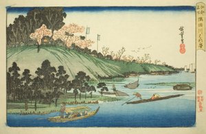 Kirschblüten in voller Blüte entlang des Sumida-Flusses (Sumidagawa hanazakari), aus der Serie "Berühmte Orte in Edo (Koto meisho)" von Utagawa Hiroshige