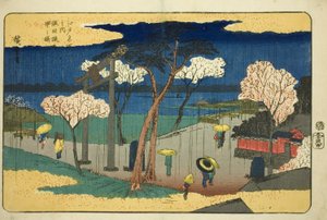 Kirschblüten im Regen am Sumida-Damm (Sumida zutsumi uchu no sakura), aus der Serie "Berühmte Orte in Edo (Edo meisho no uchi)"