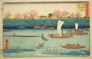 Kirschbäume entlang des Sumida-Flussufers am Mimeguri Inari-Schrein (Sumidagawa Mimeguri Inari tsutsumi no hana), aus der Serie "Berühmte Orte in Edo (Edo meisho)" von Utagawa Hiroshige
