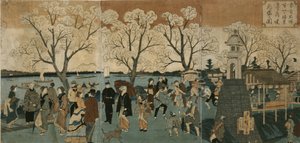Kirschblüten in voller Blüte entlang des Sumida-Flusses. Bokusui tsutsumi hanazakari no zu von Utagawa Hiroshige