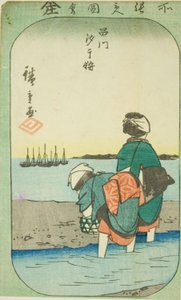 Muschelsammeln bei Ebbe in Shinagawa, Abschnitt eines Blattes aus der Serie "Ausschnitte berühmter Orte in Edo" von Utagawa Hiroshige
