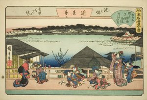 Kurtisanen betrachten Kirschblüten im Horaitei-Restaurant in Ikenohata (Ikenohata seiro hanami no yasumi, Horaitei), aus der Serie "Berühmte Restaurants von Edo (Edo komei kaitei zukushi)" von Utagawa Hiroshige