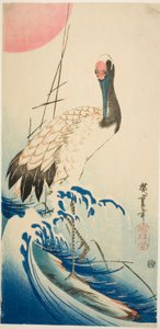 Kranich, Wellen und aufgehende Sonne von Utagawa Hiroshige