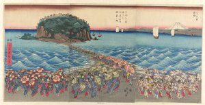 Menschenmenge besucht den Benzaiten-Schrein in Enoshima in der Provinz Sagami (Soshu Enoshima Benzaiten kaicho sankei gunshu no zu) von Utagawa Hiroshige