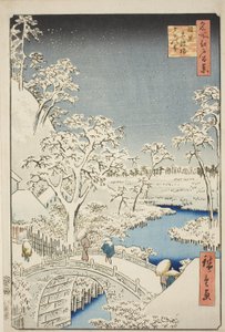 Trommelbrücke und Yuhi-Hügel in Meguro (Meguro Taikobashi Yuhi-no-oka), aus der Serie "Hundert berühmte Ansichten von Edo (Meisho Edo hyakkei)"
