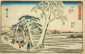 Ejiri: Fernsicht auf den Hafen von Shimizu bei klarem Wetter nach Schnee, aus der Serie "Die dreiundfünfzig Stationen der Tokaido" von Utagawa Hiroshige