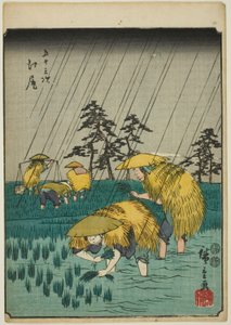 Ejiri, aus der Serie "Dreiundfünfzig Stationen [des Tokaido] (Gojusan tsugi)," auch bekannt als die Figuren-Tokaido (Jinbutsu Tokaido) von Utagawa Hiroshige
