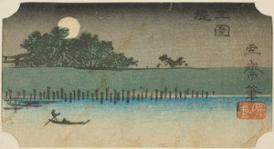 Damm bei Mimeguri (Mimeguri tsutsumi), Abschnitt eines Blattes aus der Serie „Ausschnitte berühmter Orte in Edo (Harimaze Koto meisho)“ von Utagawa Hiroshige