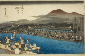 Genießen der Abendkühle am Flussbett bei Shijo (Shijogawara yusuzumi), aus der Serie "Berühmte Orte in Kyoto (Kyoto meisho no uchi)" von Utagawa Hiroshige