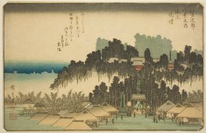 Abendglocke in Ikegami (Ikegami no bansho), aus der Serie "Acht Ansichten in der Umgebung von Edo (Edo kinko hakkei no uchi)" von Utagawa Hiroshige