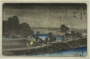 Abendregen am Azuma-Schrein (Azuma no mori yau), aus der Serie "Acht Ansichten in der Umgebung von Edo (Edo Kinko hakkei no uchi)" von Utagawa Hiroshige
