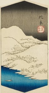 Abendschnee in Hira (Hira bosetsu), Abschnitt eines Blattes aus der Serie "Acht Ansichten von Omi (Omi hakkei)" von Utagawa Hiroshige