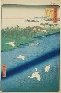 Fährüberfahrt bei Sakasai (Sakasai no watashi), Nr.67 aus der Serie „Hundert berühmte Ansichten von Edo (Meisho Edo hyakkei)“ von Utagawa Hiroshige