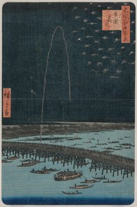 Feuerwerk in Ryōgoku, aus der Serie Einhundert Ansichten berühmter Orte in Edo von Utagawa Hiroshige