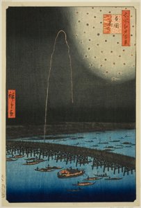 Feuerwerk in Ryogoku, aus der Serie "Hundert berühmte Ansichten von Edo" von Utagawa Hiroshige