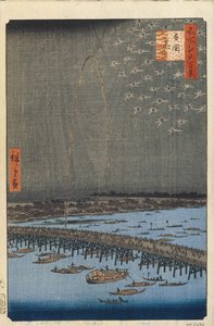 Feuerwerk bei der Ryogoku-Brücke, Einhundert berühmte Ansichten von Edo, 1856-1858 von Utagawa Hiroshige