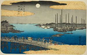 Fischerboote in der Nähe der Eitai-Brücke in der Tsukuda-Bucht (Eitaibashi Tsukuda oki isaribune), aus der Serie "Berühmte Orte in Edo (Edo meisho no uchi)"