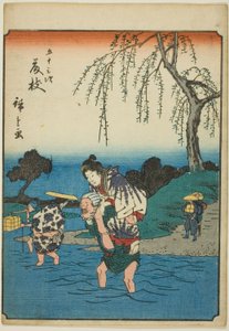 Fujieda, aus der Serie "Dreiundfünfzig Stationen [des Tokaido] (Gojusan tsugi)," auch bekannt als die Figuren-Tokaido (Jinbutsu Tokaido) von Utagawa Hiroshige